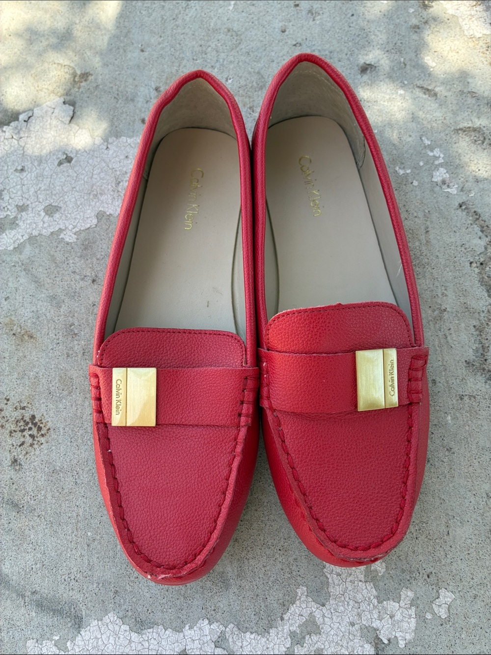 Calvin Klein Red Leather Penny Loafers with Gold Plaque